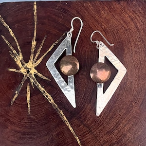 Vintage Modernist triangle Earrings Sterling Silver Copper Mixed Metal geometric jewelry