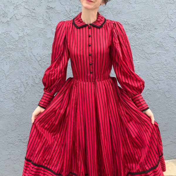 1970s Victor Costa Dress in Small Red Striped Victorian Steampunk Clothing Circus theme