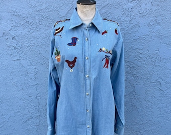 90s Southwestern Denim Shirt in Small or medium Beaded Blouse cacti cowgirl rodeo