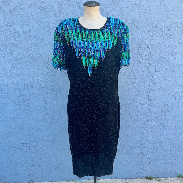 Vintage 80's Sequin Party Dress Large Size 14 Cocktail Beaded Sheath