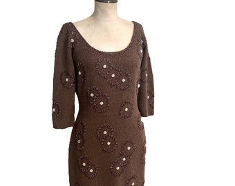 1960s Beaded Wiggle Dress by Gene Shelly Size medium Boucle Sheath Gown Mid Century Formal Wear