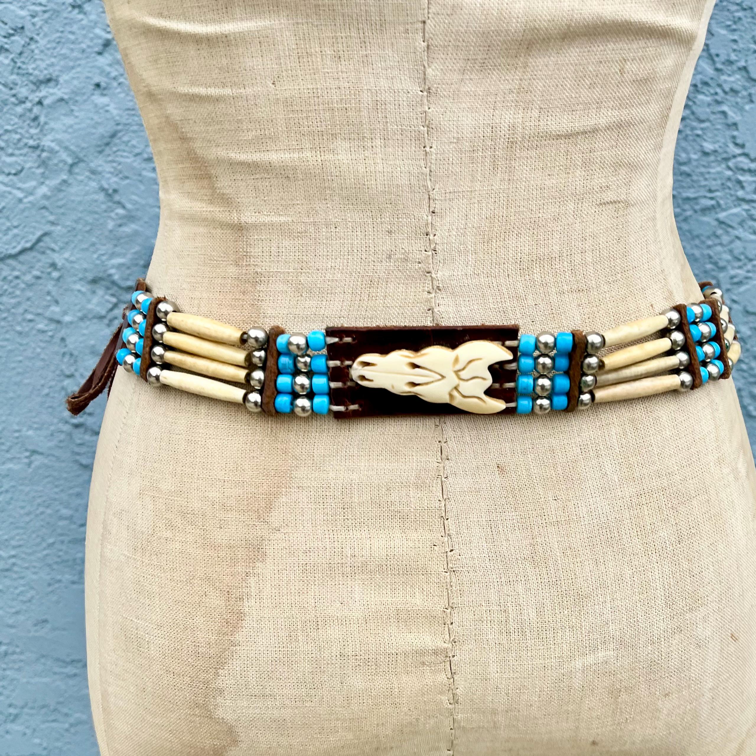 Western Leather Beaded Belt in Small Vintage Southwestern 