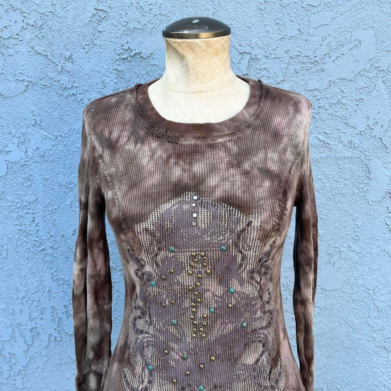 Y2k Tie Dye Waffle Knit Shirt Thermal Embellished Ed Hardy Style 
