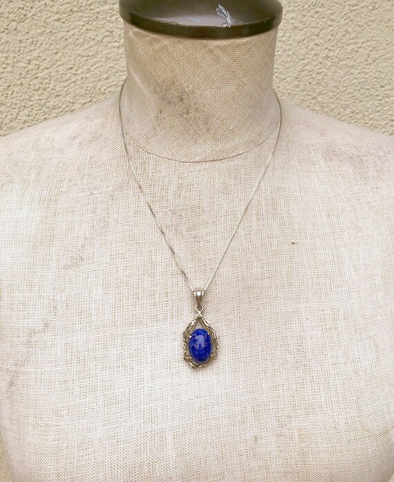 Vintage Mexican Brutalist Necklace with Blue Resin Pendant in Sterling Silver