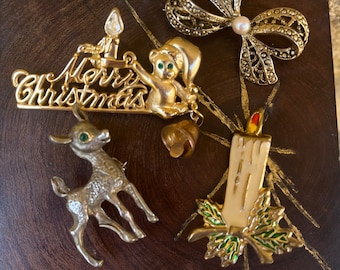 Vintage Holiday Brooch Lot with Fawn and Deer Pin and Danecraft 80's Costume Jewelry