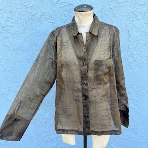 Chicos Blouse Semi Sheer olive green Size M/L bamboo print lagenlook