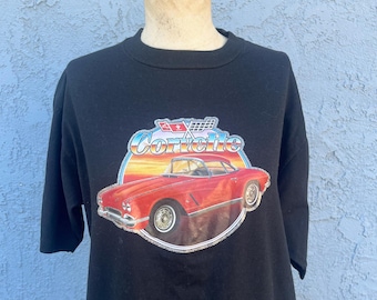 Vintage 70s Corvette T shirt Black with silver decal Mens Large Retro Tee
