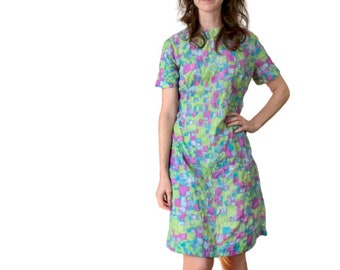 70's Mod Shift Dress in Medium neon Green and Purple quilt print