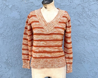 Suéter estilo años 70 con estampado espacial en color naranja, talla grande para mujer, estilo hippie.