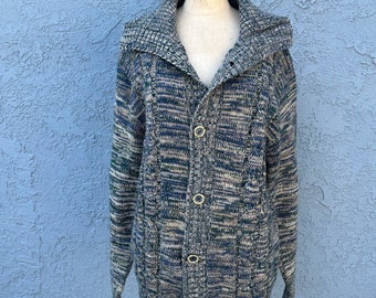 1970er Space Dye Pullover in Damen XL Blau Retro Strickjacke Hippie Boho Kleidung