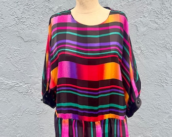 Vintage 80's Rainbow Striped Dress in Large Retro Clothing