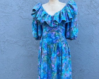 Vestido vintage con volantes para mujer, vestido de fiesta azul grande, años 70/80