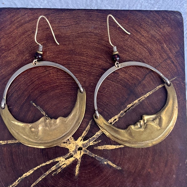 Vintage Laurel Burch Moon Dangle Earrings in Gold over Brass 70s Celestial Jewelry zodiac