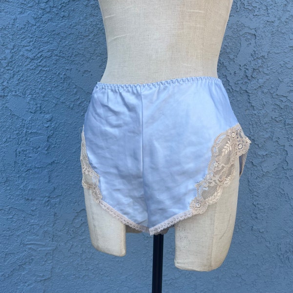 Vintage 80's Lace and silk Sleep Short blue Lingerie Women's Boxers frilly Size Small