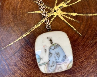 Unique Porcelain Necklace in Sterling Silver Funky Upcycled Ceramic Jewelry