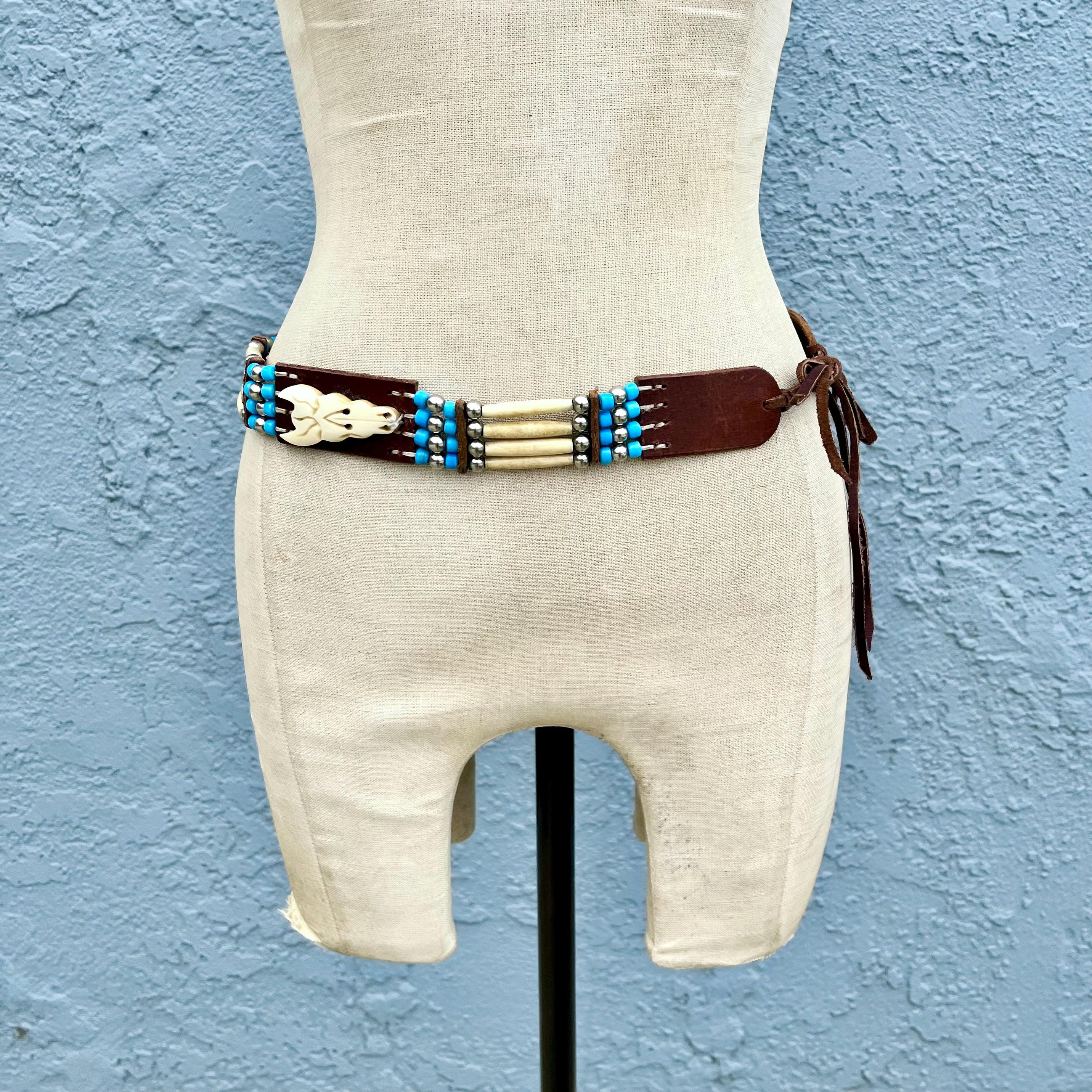 Western Leather Beaded Belt In Small Vintage Southwestern Festival Accessory Western Leather Beaded Belt in Small Vintage Southwestern  main image 4