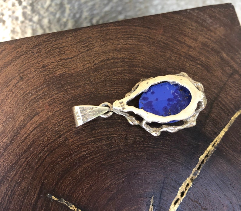 Vintage Mexican Brutalist Necklace with Blue Resin Pendant in Sterling Silver