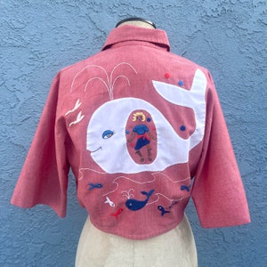 Vintage Embroidered Chambray Blouse in Medium Whale Woman Novelty Print Unique Clothing Helen Cerda
