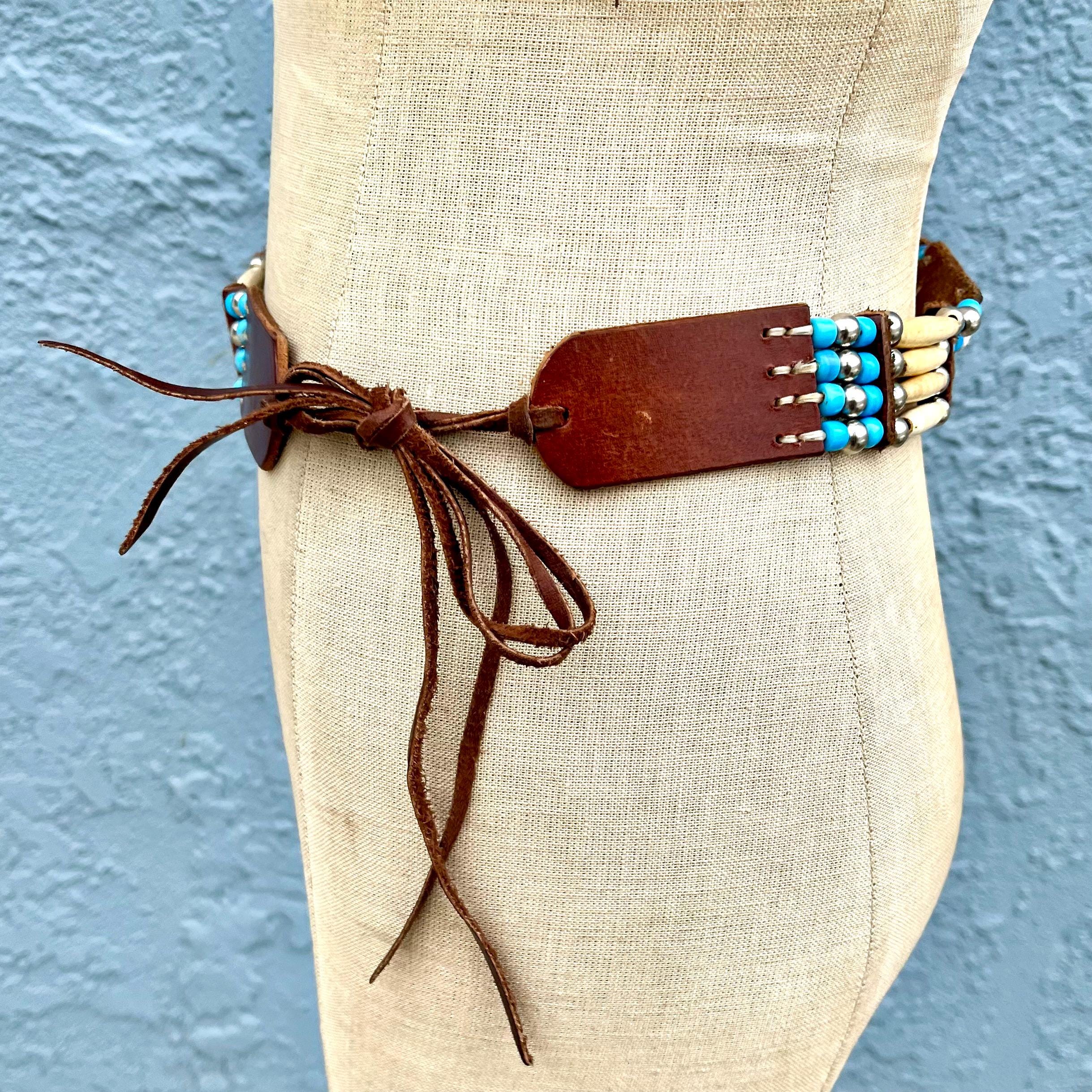 Western Leather Beaded Belt In Small Vintage Southwestern Festival Accessory Western Leather Beaded Belt in Small Vintage Southwestern  main image 3