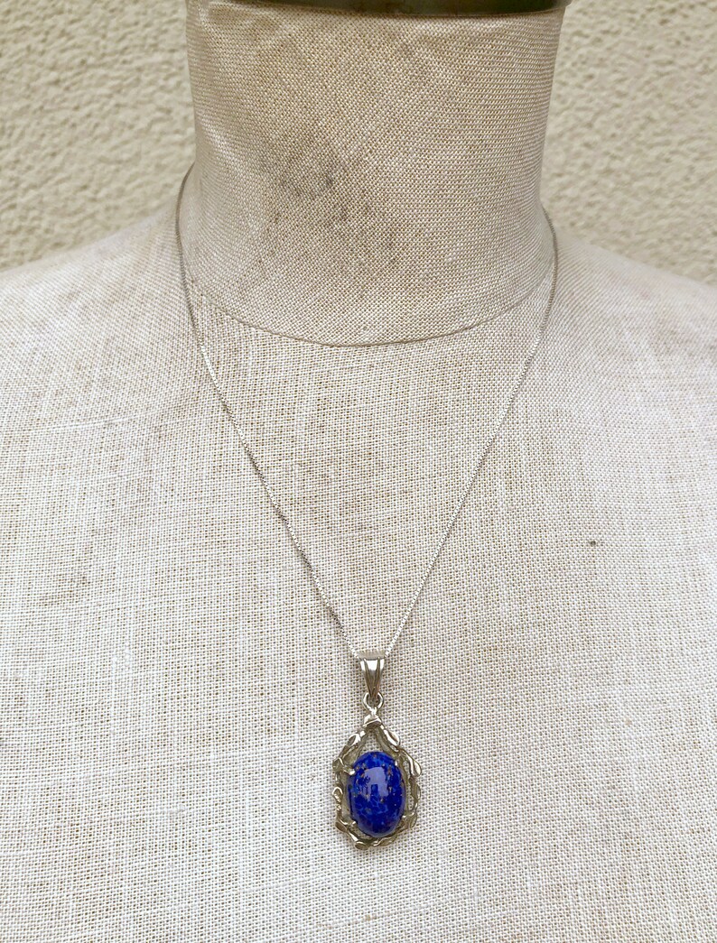 Vintage Mexican Brutalist  Necklace with Blue Resin Pendant in Sterling Silver