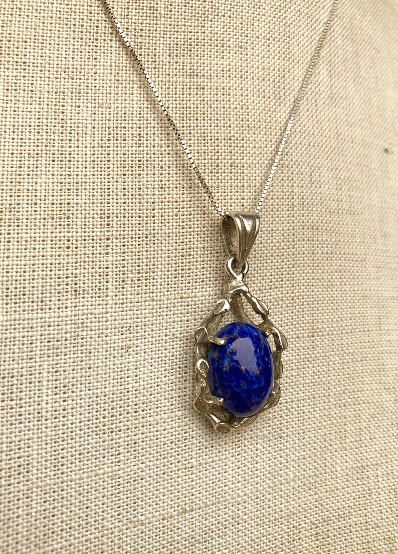 Vintage Mexican Brutalist Necklace with Blue Resin Pendant in Sterling Silver