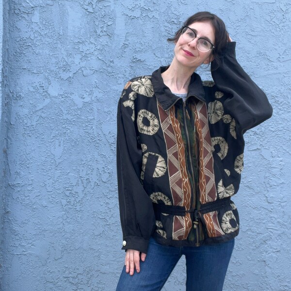 90s Silk Windbreaker in Large Abstract Print Lagenlook