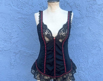 Lencería vintage de los años 80 Toscca camisón negro y rojo whimsygoth gótico