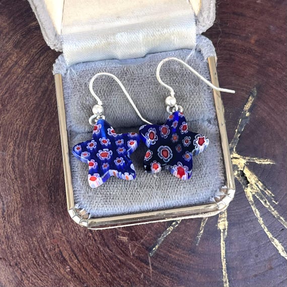 Millefiori Murano Glass Earrings Star Dangle art jewelry