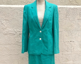 Vintage 70's Suit Mod Green blue Skirt and Blazer Retro Career Wear