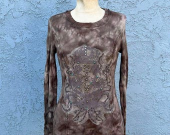 Y2k Tie Dye Waffle Knit Shirt Thermal embellished ed hardy style Large