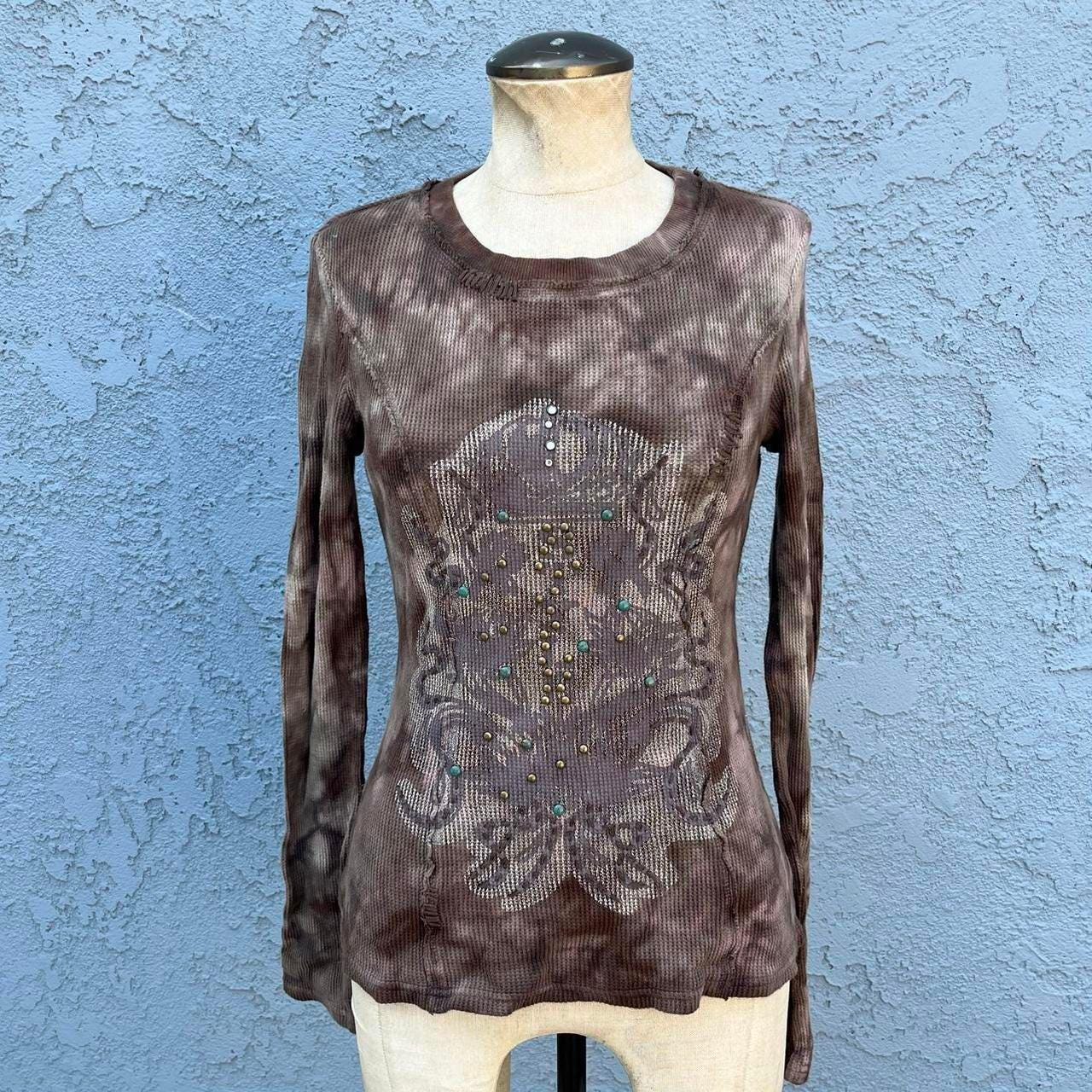 Y2k Tie Dye Waffle Knit Shirt Thermal Embellished Ed Hardy Style 