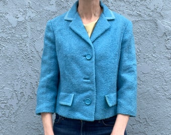 1960er Jahre Damen Blazer in Blau Kleine Mod High Fashion Boucle Wolljacke