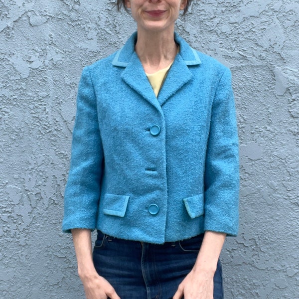 Women's 1960's Blazer in blue Small mod High Fashion boucle Wool Jacket