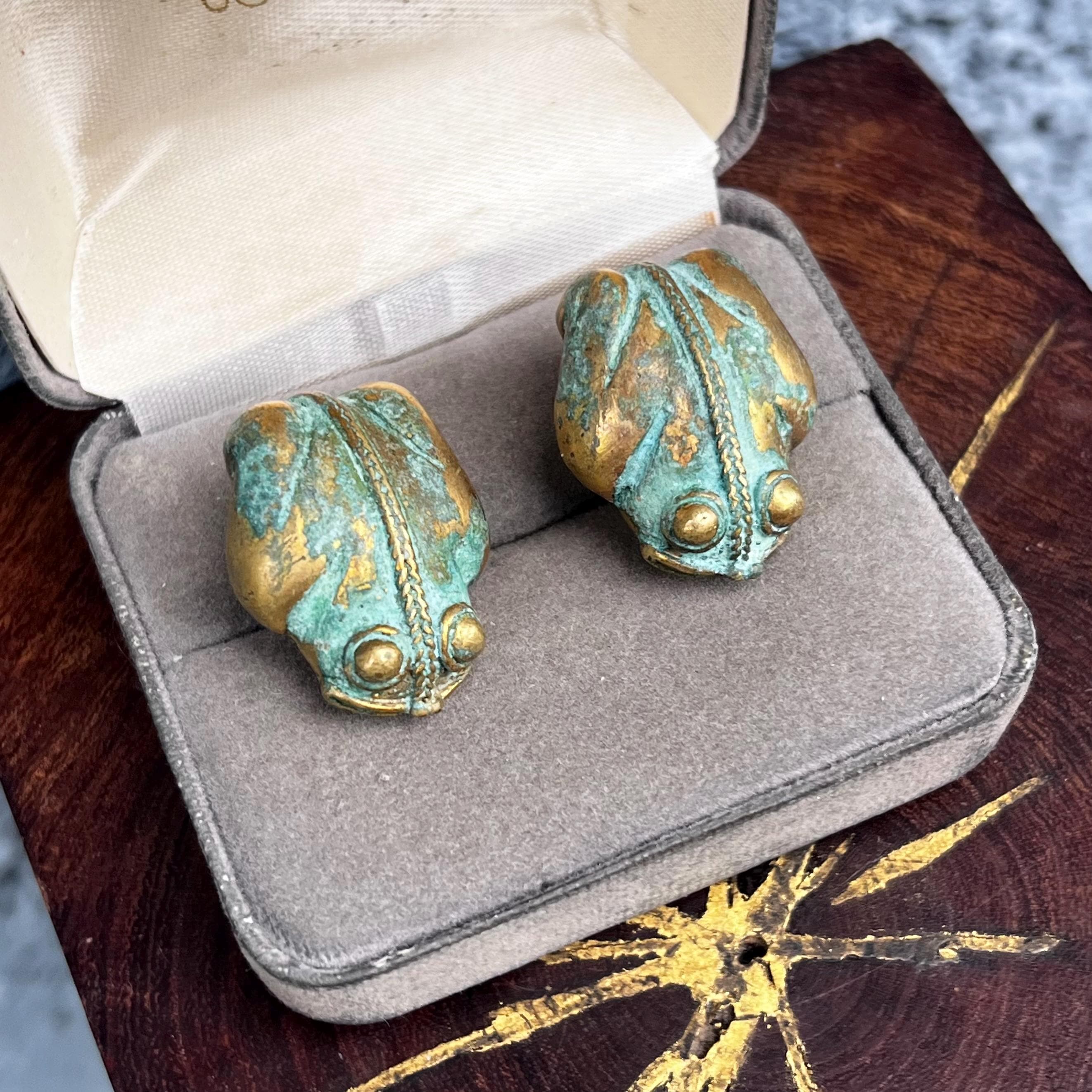 Pendientes vintage de rana con clip y pátina, bisutería para mujer, estilo renacimiento egipcio.