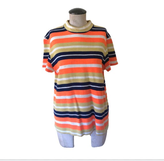 60's Mod Striped Top in Large Vintage Mock Neck sw