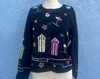 Vintage Embroidered Cardigan in large kitsch beach novelty print by Michael Simon lite