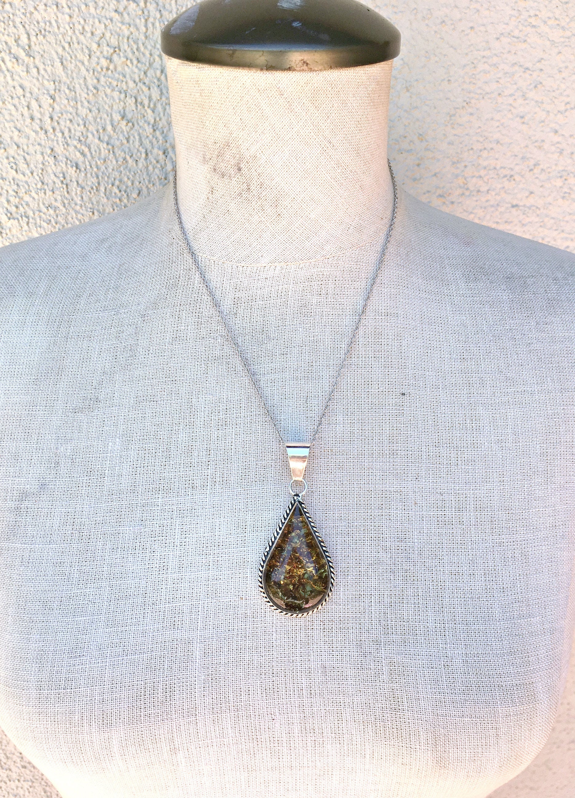 Vintage Mexican Brutalist Necklace with Blue Resin Pendant in Sterling Silver
