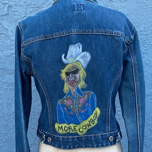 Hand Drawn Cowgirl Denim Jacket Size Small OOAK Art to Wear
