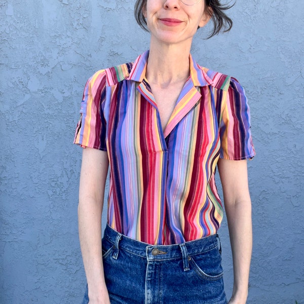 Vintage Rainbow Blouse 80s Sriped Button Down Top In Medium