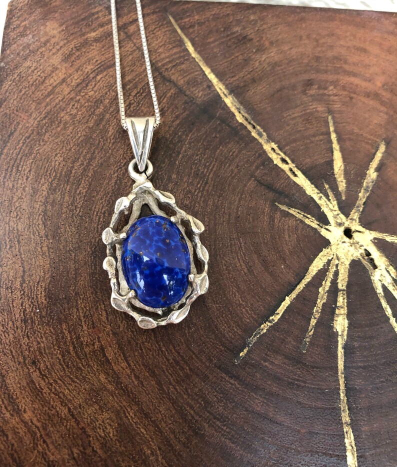Vintage Mexican Brutalist Necklace with Blue Resin Pendant in Sterling Silver