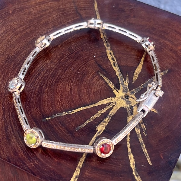 Vintage Tennis Bracelet Sterling Silver Garnet Peridot Topaz Amethyst  Gemtones Jewelry Gift for Mom