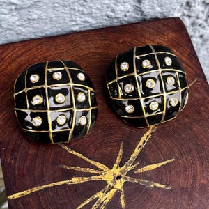 90s Large Black Enamel and Gold Clip On Earring Women&#39;s Vintage Statement Jewelry