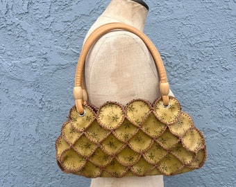 Vintage Yellow Leather Patchwork purse Shoulder Bag Y2K 90s Bohemian