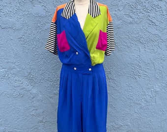 80s Silk Romper Color Block S/M rainbow jumper one piece