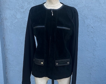 90s Black Suede Shirt in Medium Shacket with leather detail y2k