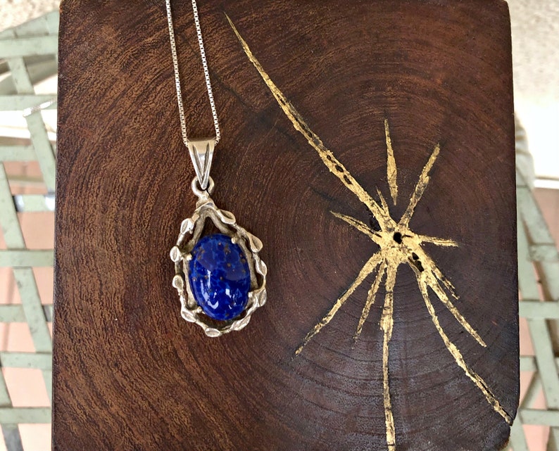 Vintage Mexican Brutalist Necklace with Blue Resin Pendant in Sterling Silver