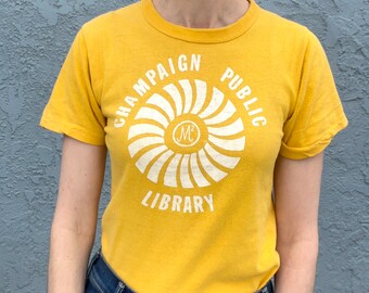 Vintage Tee Champaign Public Library Yellow Single Stitch T shirt Illinois Lover Souvenir Womens Small