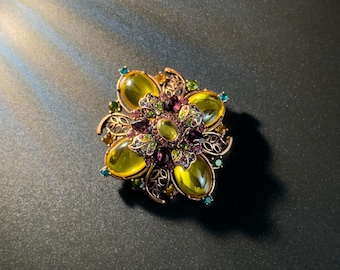 Vintage Baroque Style Flower Brooch, Antique Copper Color Crystal Rhinestone Brooch Pin, Statement Jewelry for Women, Unique Gift for Her