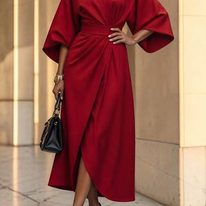 Elegantes Midi Kleid | Fledermausärmel Taille | Formeller Abendstil | Hochzeitsgast | Schickes Partykleid