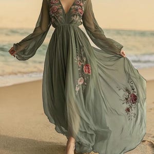 Long Sleeve V Neck Embroidered Dress - Etsy Long Sleeve V Neck Embroidered Dress - Etsy
